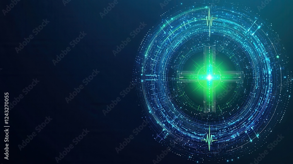 Poster a digital abstract design featuring a glowing green center surrounded by circular patterns, evoking 