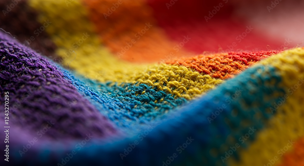Poster close-up detailed view of a rainbow colored woven textile fabric showing pride month colors vibrant 