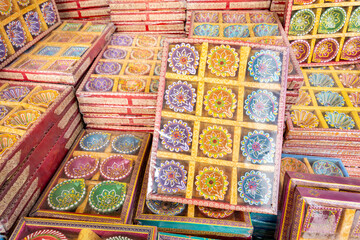 Multicolored handcrafted ceramics Diyas in a market in India