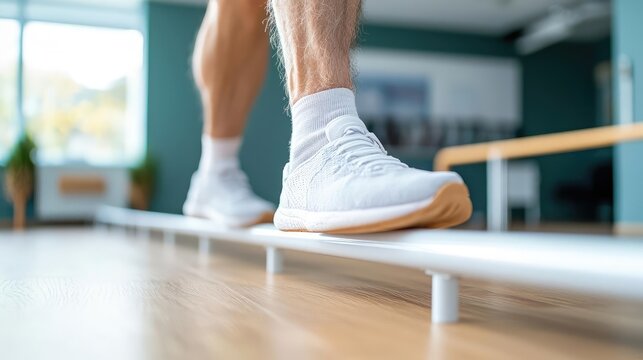 Elderly man performing slow heel-to-toe walking along a line in a rehab facility, handrail for safety, improving balance and coordination