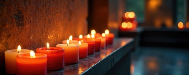 Softly glowing candles surround a memorial altar, honor, solemnity, memorial