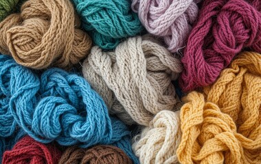 A pile of colorful, crumpled knitted clothes on a white background