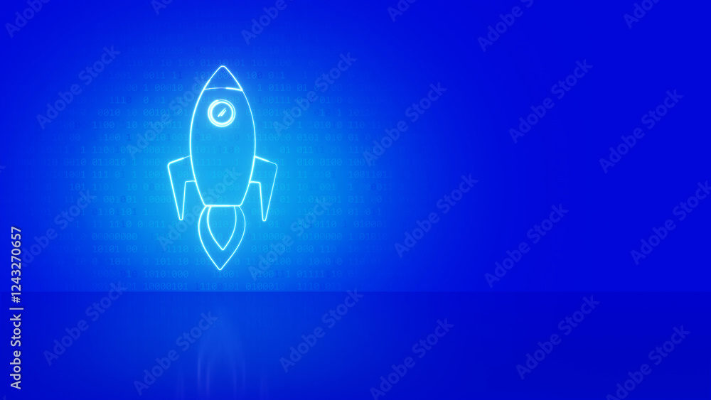 Aufkleber neon rocket launching with binary code background representing startup success