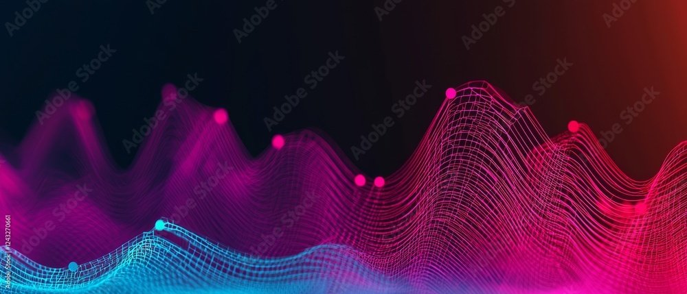 Poster a vibrant digital wave graph with colorful peaks in pink and blue tones against a dark background, r