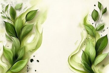 Green leaves and abstract paint swirls on white background.