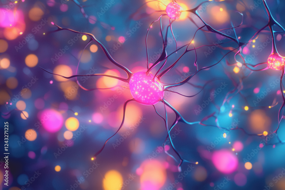 Poster close-up view of interconnected neurons with detailed structures showing synapses and neural pathway
