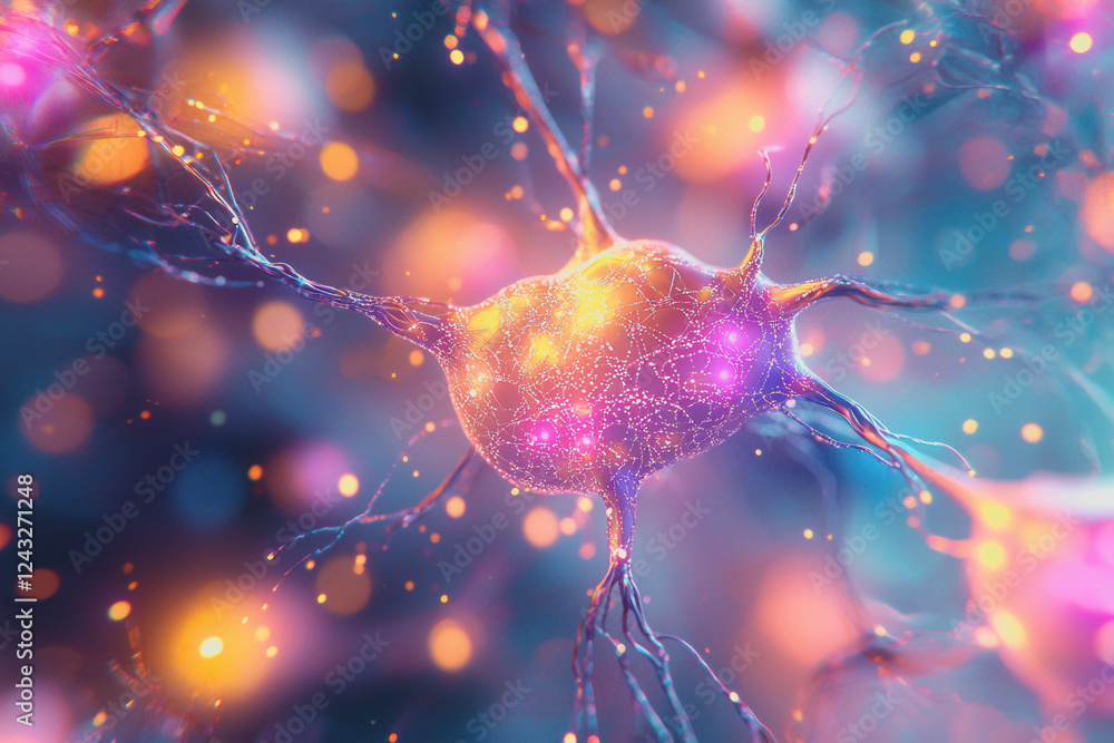 Poster neurons and nerve cells on a bright blue background illustrating neurology and brain function in sci