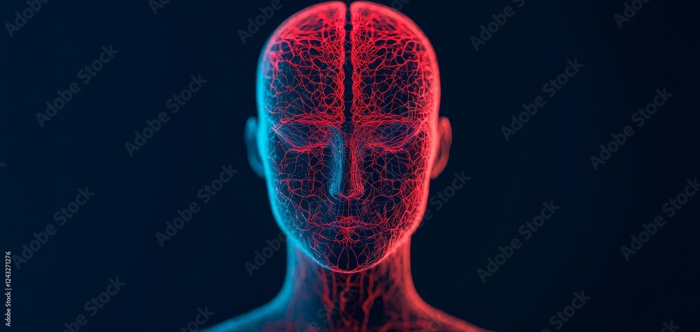 Poster a digital representation of a human head with a glowing neural network design, emphasizing the conne