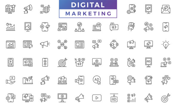 Digital marketing icon set. Search Engine Optimization outline icons collection. Website, search, mail, analysis, content, strategy, development line icon vector collection