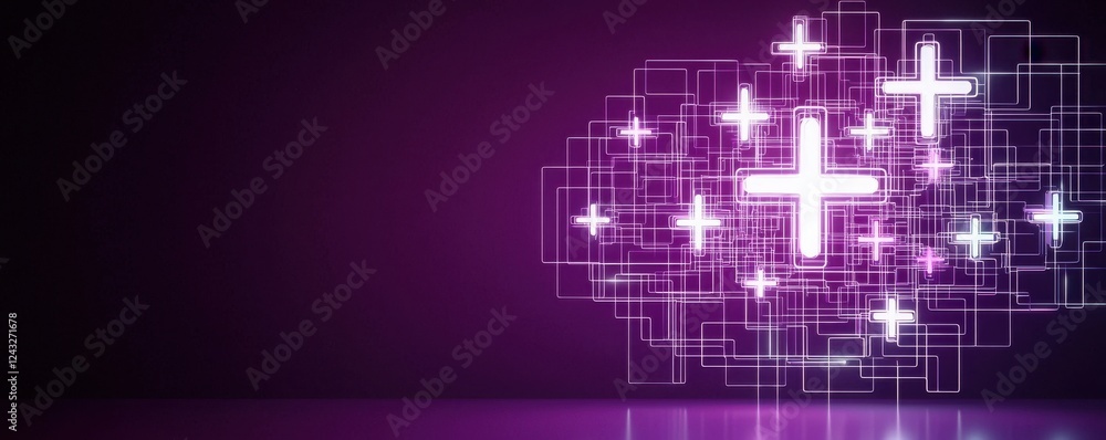 Poster a dynamic, modern design featuring glowing cross patterns against a purple background, creating a vi
