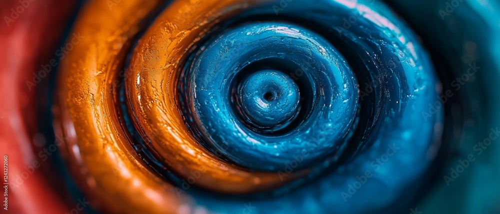 Poster a vibrant close-up image of concentric spirals in blue and orange, creating an eye-catching, abstrac
