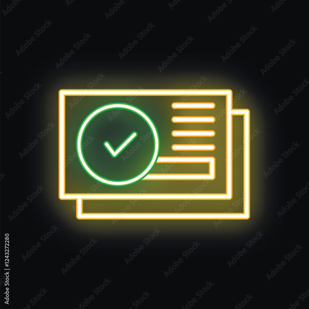 Aufkleber glowing neon icon representing documents with a check mark, symbolizing successful verification or c