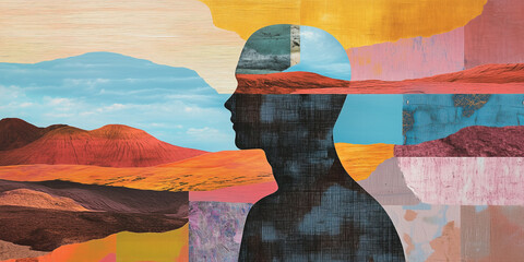 Isolated figure in a dreamlike collage environment. A shadowy, unknown presence within a fantastic mosaic of colors.