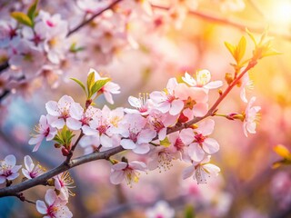 Fototapeta premium Blooming Plum Branches, Spring Garden, Selective Focus - Soft Pastel Colors, Delicate Blossoms