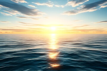 Obraz premium Serene ocean sunset with golden light reflecting on the water.