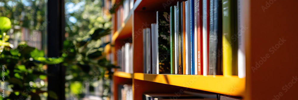 Poster orange bookshelf with books and window background