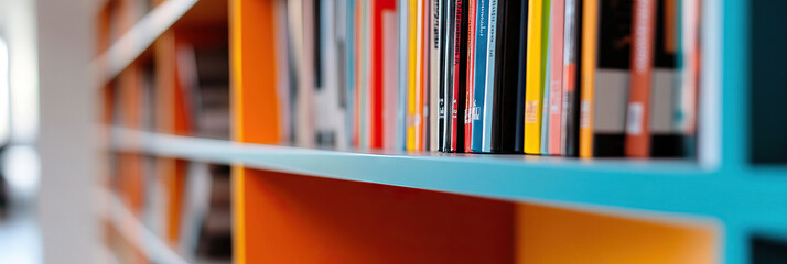 Fototapeta premium Colorful Books on Teal and Orange Bookshelf