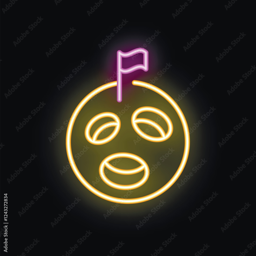 Poster neon sign representing a smiling moon with a flag on top, perfect for projects related to astronomy 