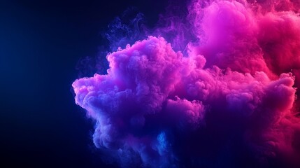 A vibrant cloud of purple and pink smoke against a dark background, creating an ethereal and visually striking atmosphere.