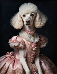 Poodle Duchess in Rococo Ballgown Oil Painting Portrait of Dog in Opulent Pink Dress with Gilded Palace Background – Feminine Pet Art, Luxury Dog Portrait, Vintage Home Deco | Pet In Clothing Portrait