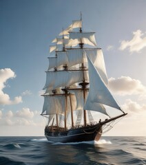 Tall sailing vessel with billowing white sails, ocean storm, waves crashing