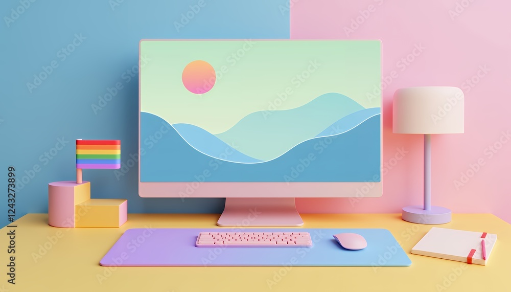 Poster pastel rainbow pride flag on minimalist desk setup with pink computer displaying pixel art landscape