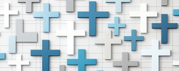 A modern abstract design featuring a pattern of crosses in various shades of blue, gray, and white, creating a visually appealing backdrop.