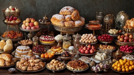 Opulent Dessert Buffet, Antique Setting, Sweets, Feast