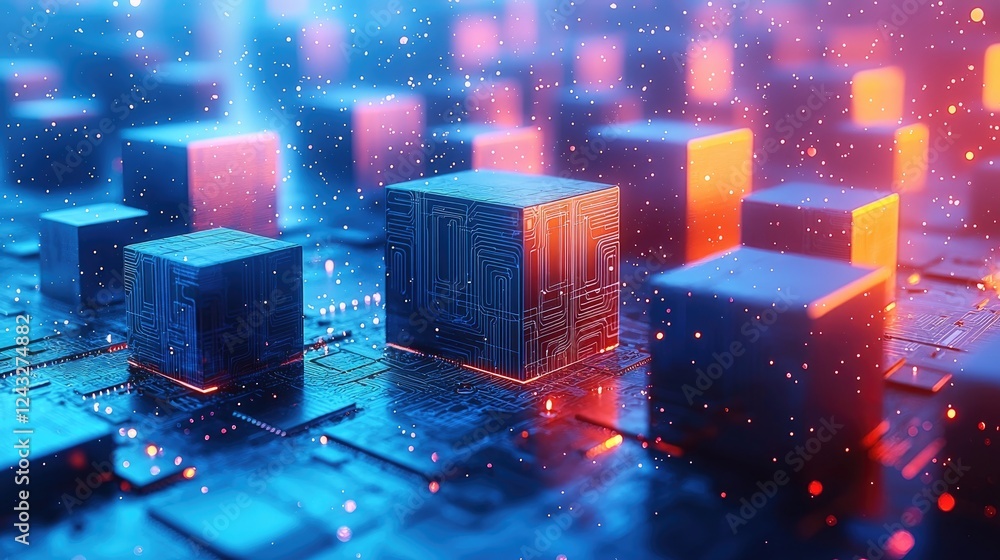 Poster abstract digital cubes: a futuristic technological network visualization