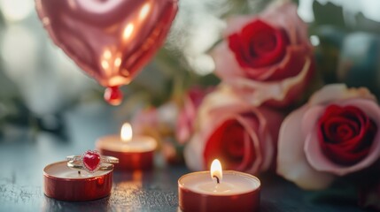 A Romantic Valentine's Day Arrangement: A Sparkling Diamond Ring Nestled Beside a Delicate Red Heart, Surrounded by a Bouquet of Lush Red Roses and Flickering Candles, All Bathed in a Soft, Dreamy Lig