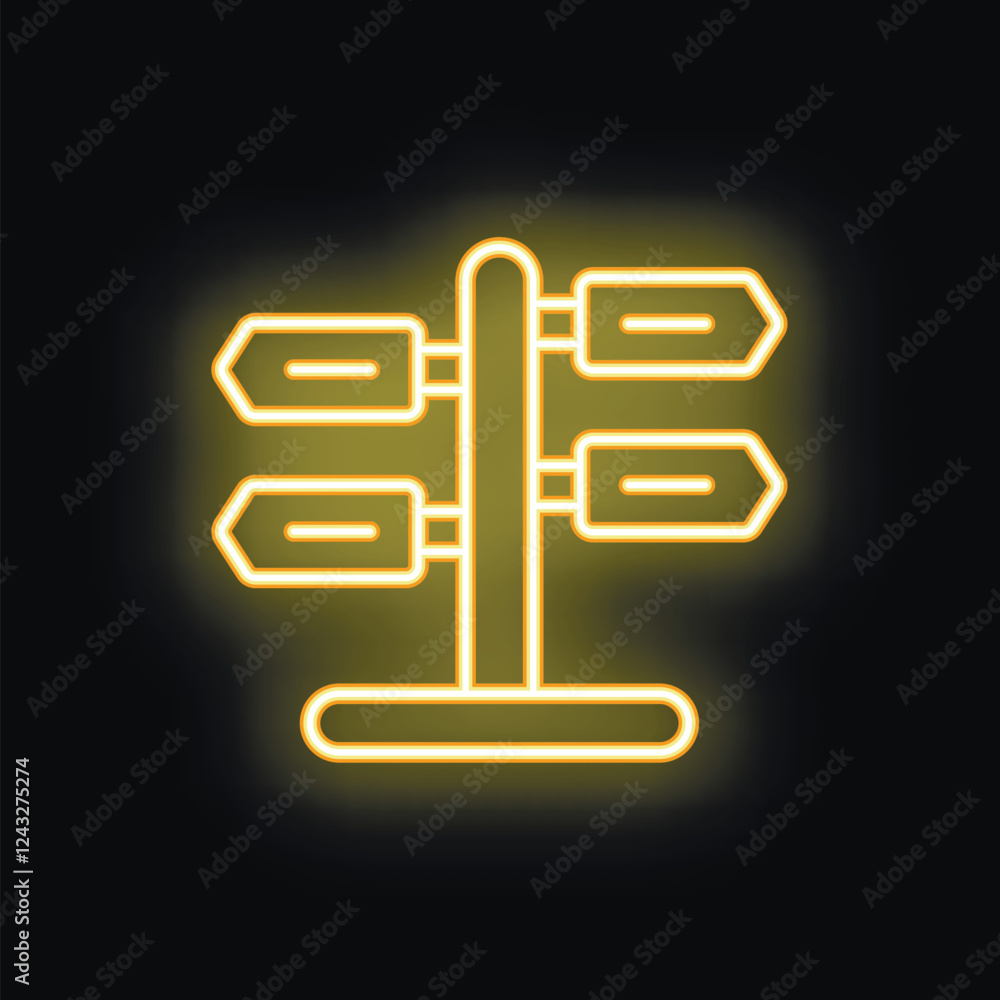 Poster glowing neon sign representing a direction sign with empty arrows is showing multiple paths on a bla