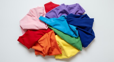 Rainbow Colored T-Shirts Arranged in a Circular Pattern on White Background Pride Month LGBT Colorful Fabric Textures