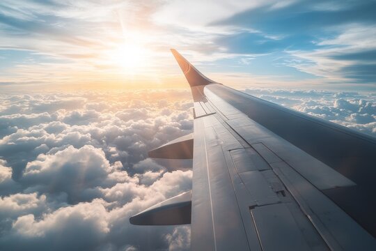 Sunset flight wing view above cloudscape (1) - Powered by Adobe