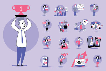 Man proudly holding trophy while surrounded by various business activities such as teamwork, data analysis, and project management. Success concept