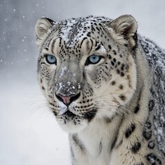 Obraz premium A striking snow leopard with piercing eyes amid a snowy landscape, presented on a pure white backdrop.