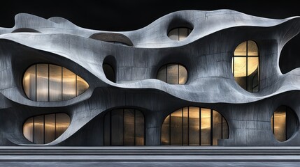 Abstract concrete building facade at night with illuminated windows