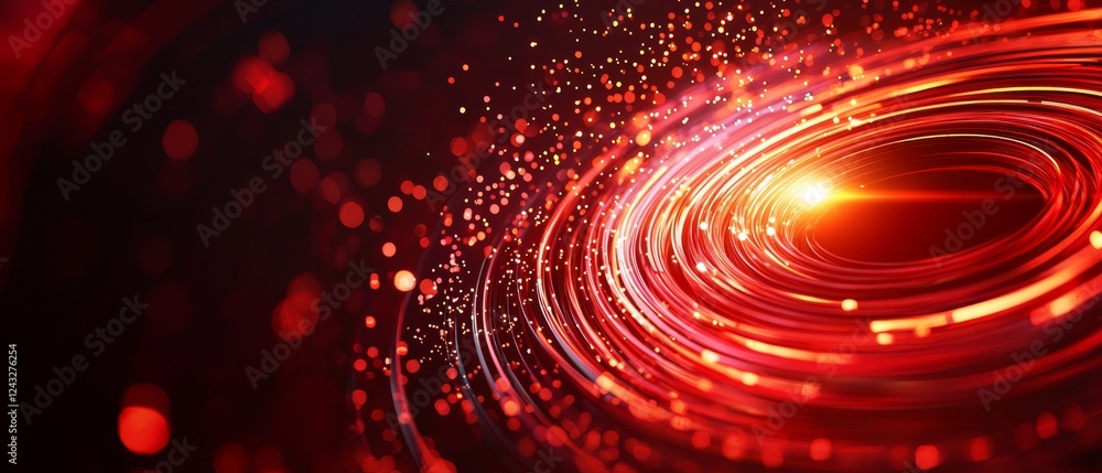 Poster a vibrant swirl of red light and particles, creating a dynamic and energetic visual effect against a