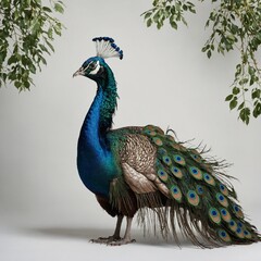 Obraz premium A brilliant peacock displaying its iridescent plumage amidst delicate foliage, on a pure white background.