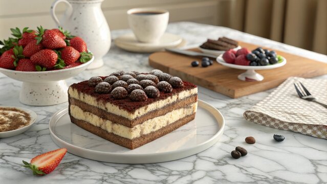 Tiramisu coffee cack on a elegant marble table with a side of fresh fruit, coffee dessert, baked goods, tiramisu, fresh fruit