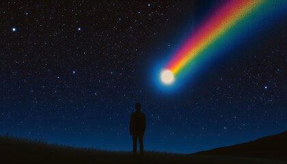 Obraz premium Silhouette Of A Person Gazing At A Vibrant Rainbow Comet Streaking Across A Starry Night Sky