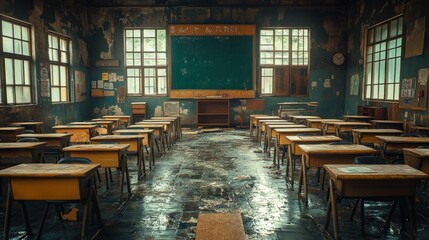 Abandoned classroom, empty desks, faded chalkboard, peeling paint, old building