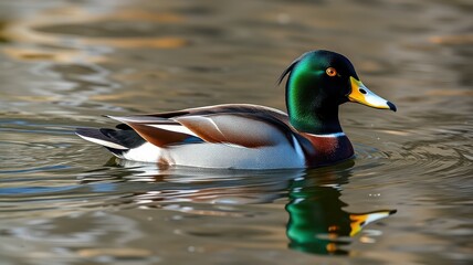 Obraz premium A colorful mallard duck swims gracefully in a calm pond surrounded by soft ripples and warm sunlight