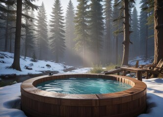 Tranquil hot tub experience in the midst of a wintery forest scene, lights, hot tub