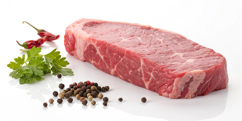  Fresh raw beef steak with pinkish-red color, marbling, and rough texture on a white background, accompanied by peppercorns and vibrant green parsley