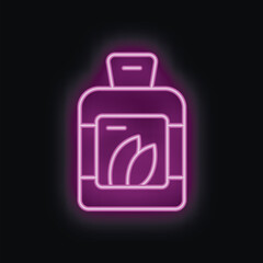 Neon icon of purple cosmetic bottle glowing on black background, perfect for beauty, wellness and spa projects