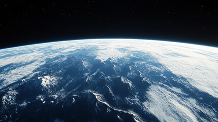 Fototapeta premium A stunning view of Earth from space shows a black sky with a blue horizon and distant mountains along the edge.