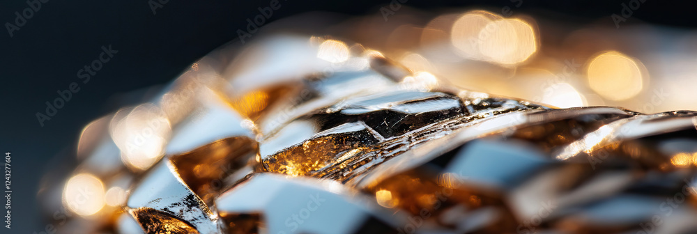 Poster close-up photograph of metallic crystal structure with bokeh