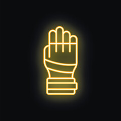 Yellow neon icon of a hand wearing a protective glove glowing on a dark background