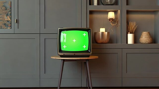 Television screen with tracker marker, vintage Television set blue background. 4K footage. You can replace footage or picture easily.
