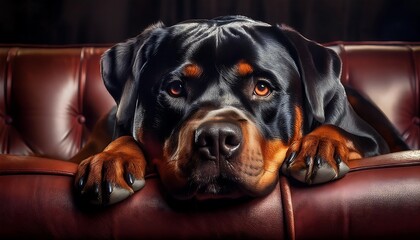 Obraz premium Majestic Rottweiler Lounging on a Luxurious Leather Couch
